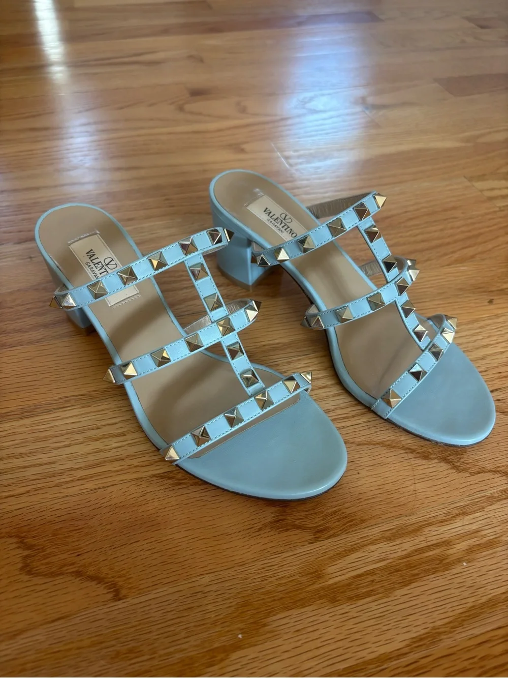 Valentino Garavani Rockstud Block Heel sandals in light blue